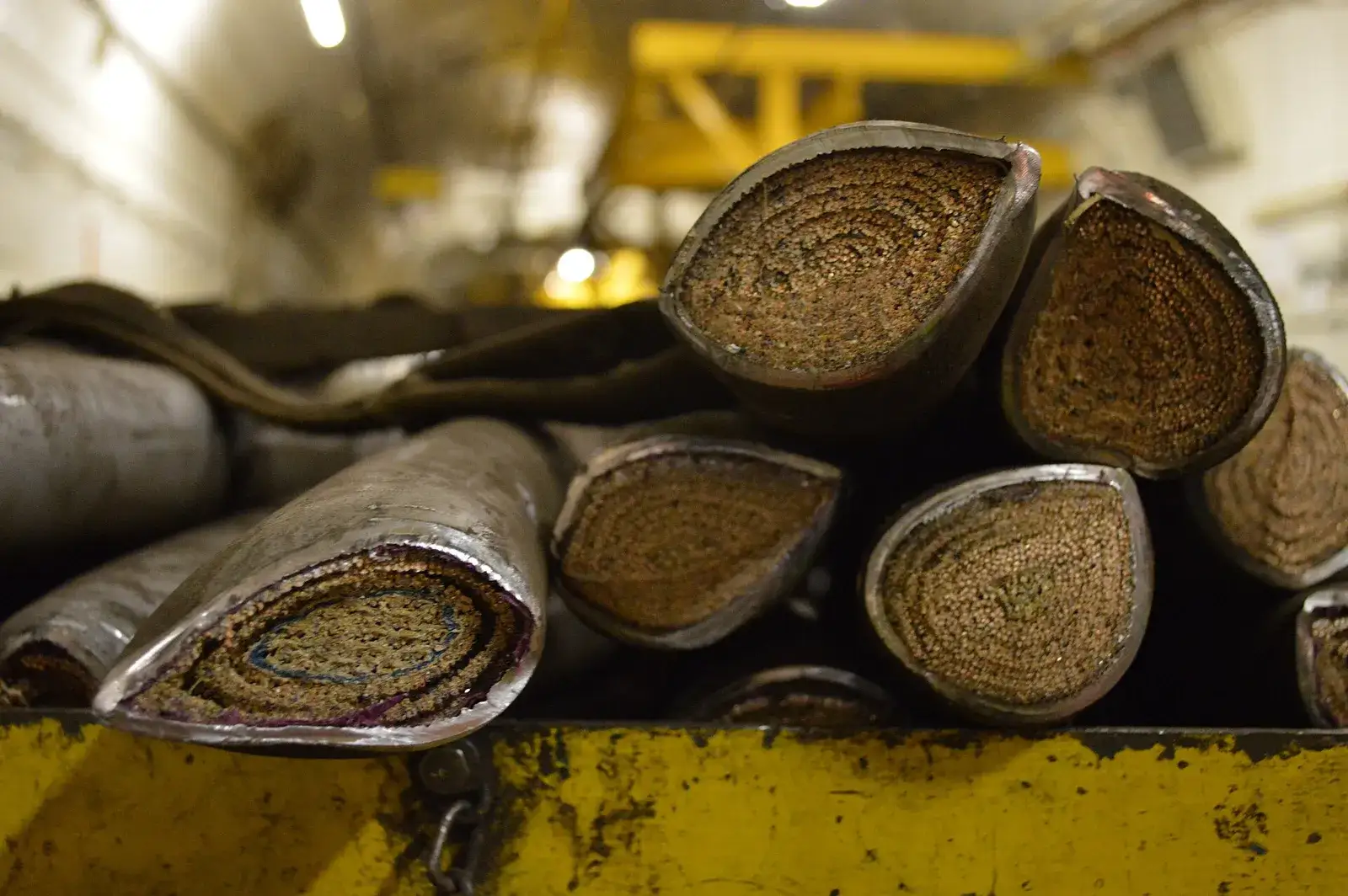 Cut ends of lead-sheathed cables showing copper conductors