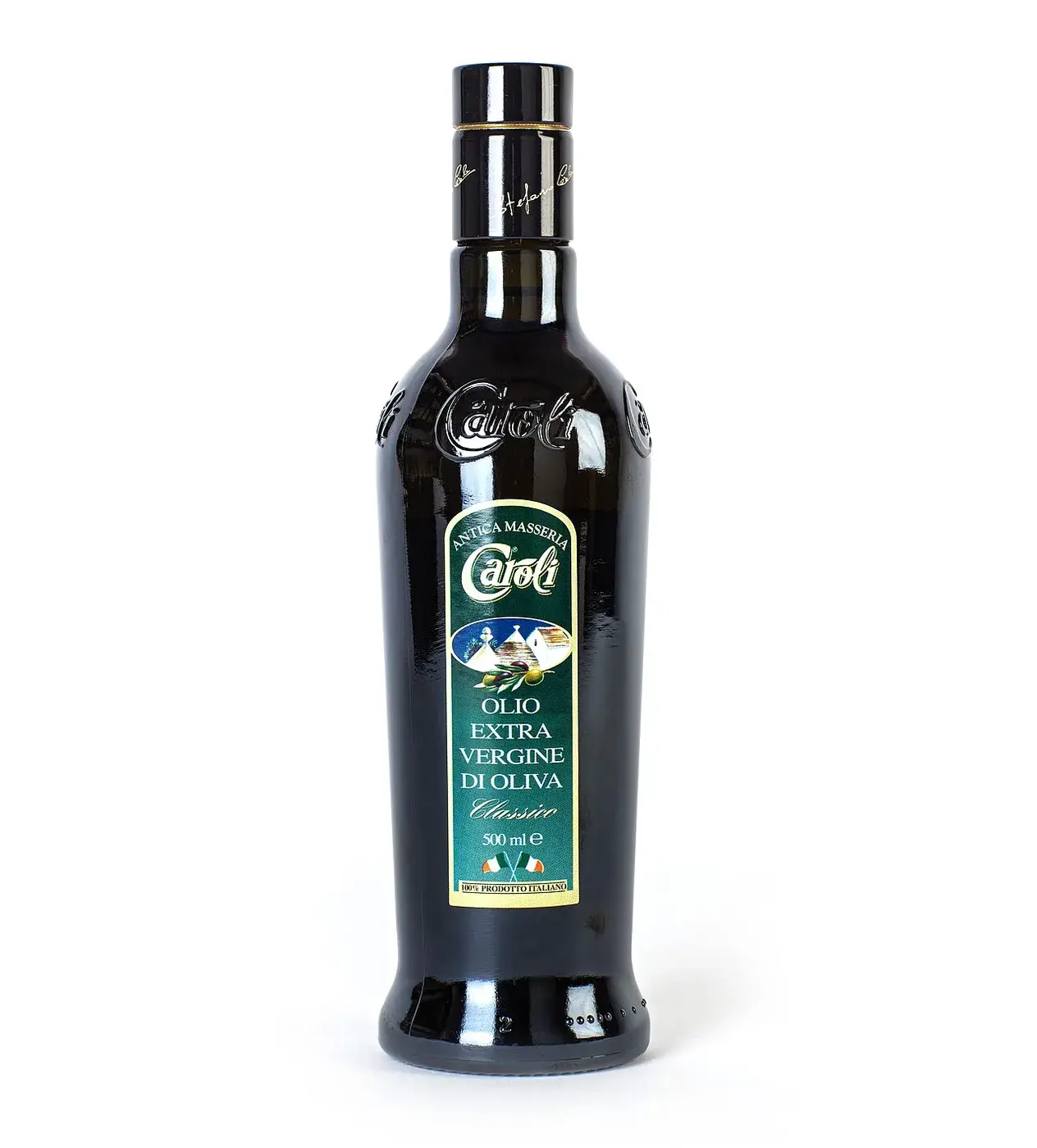 A dark glass bottle of classic extra virgin olive oil