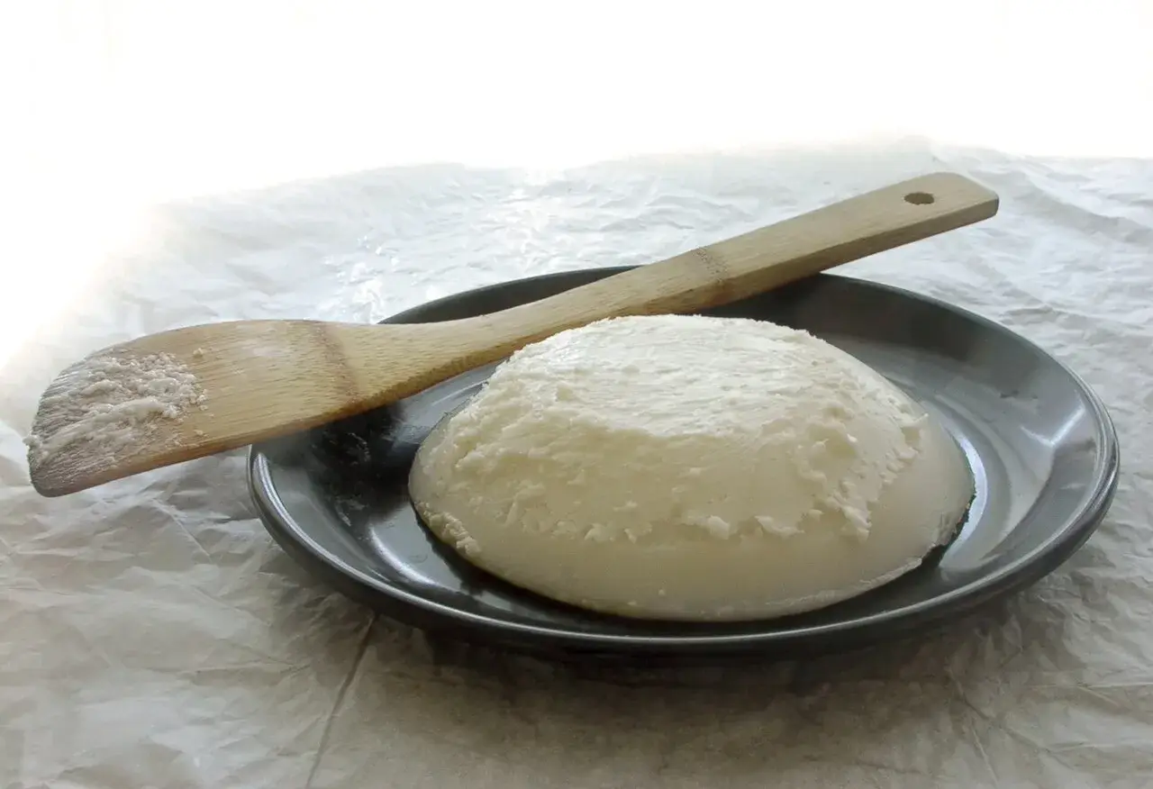 Home-rendered lard, white and smooth, on a plate with a wooden spatula