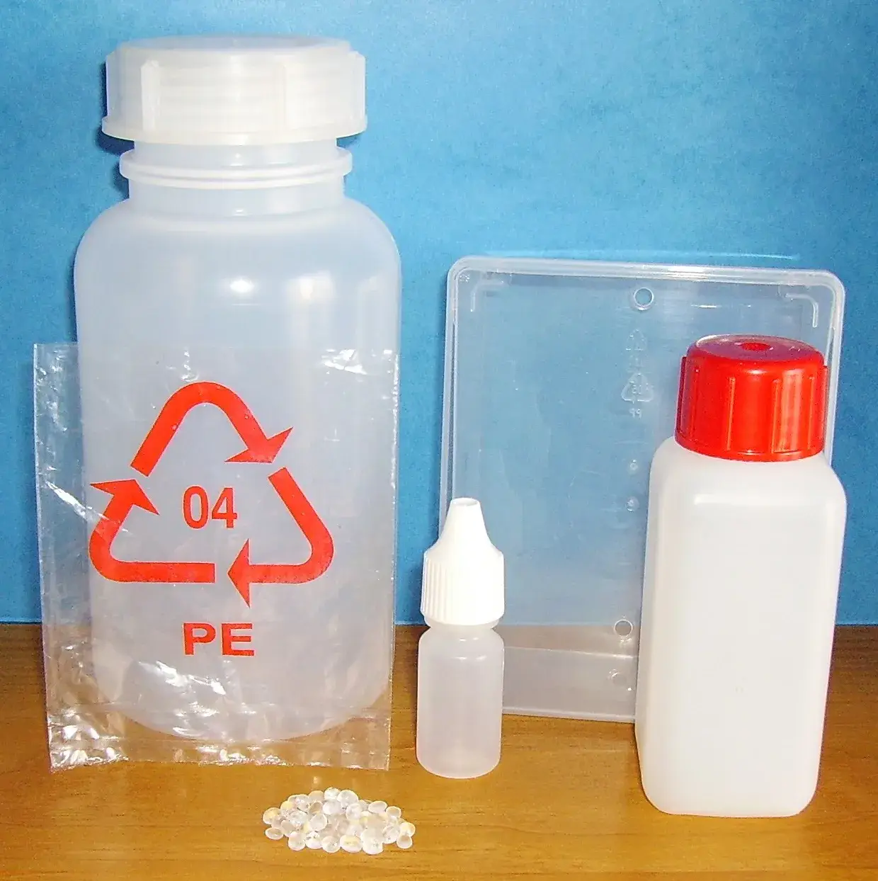 Polyethylene bag marked with LDPE code 04 and plastic containers