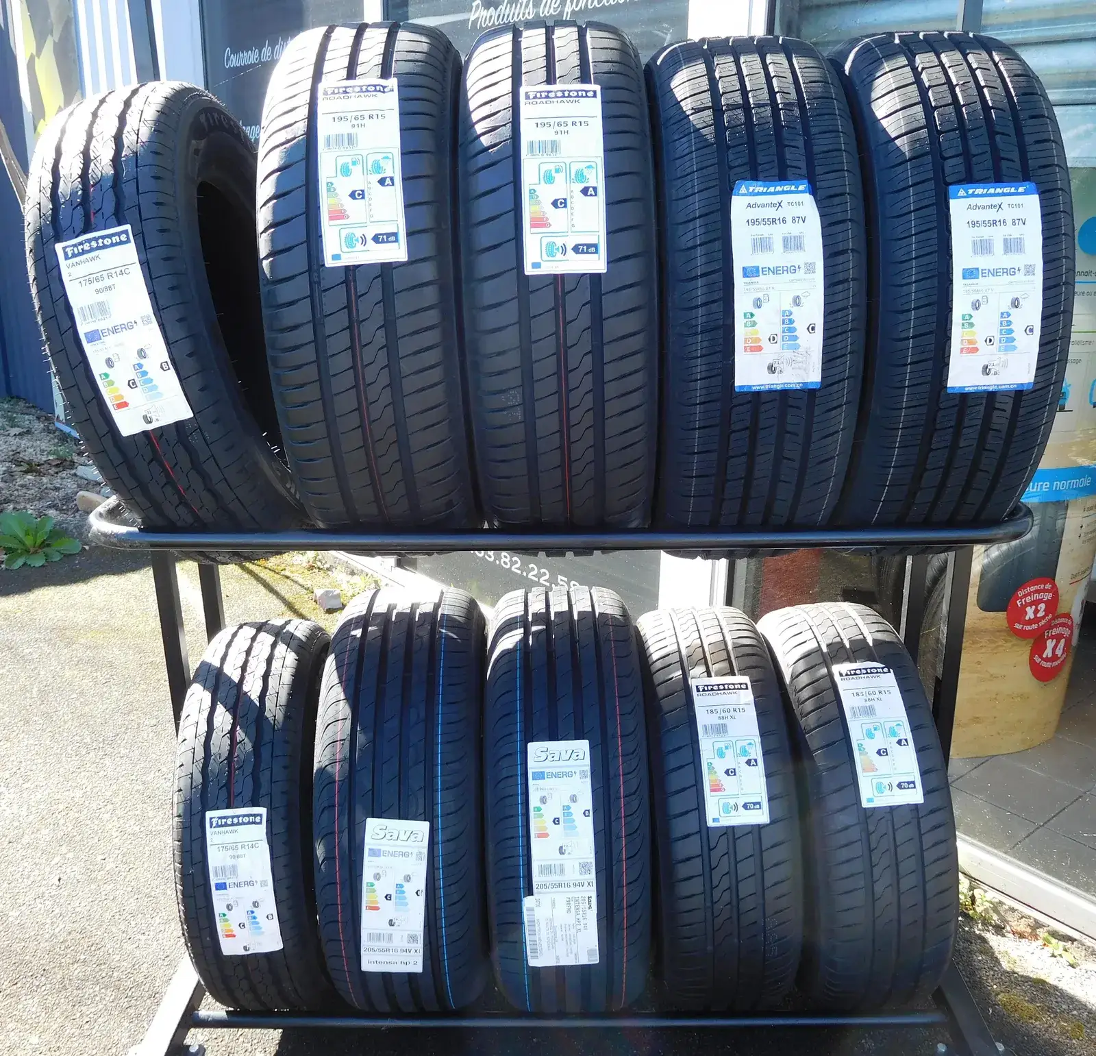 New car tyres on a rack carrying EU tyre labels