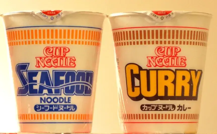 Nissin Cup Noodle Seafood and Curry cups side by side