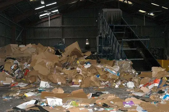 Loose waste cardboard waiting to be baled at a recycling facility