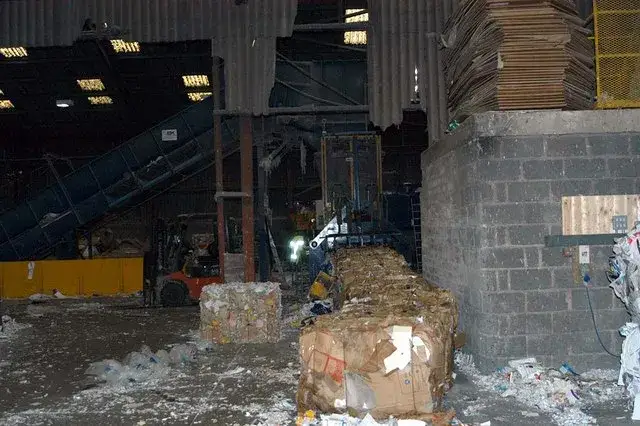 Baled cardboard at a waste recycling facility