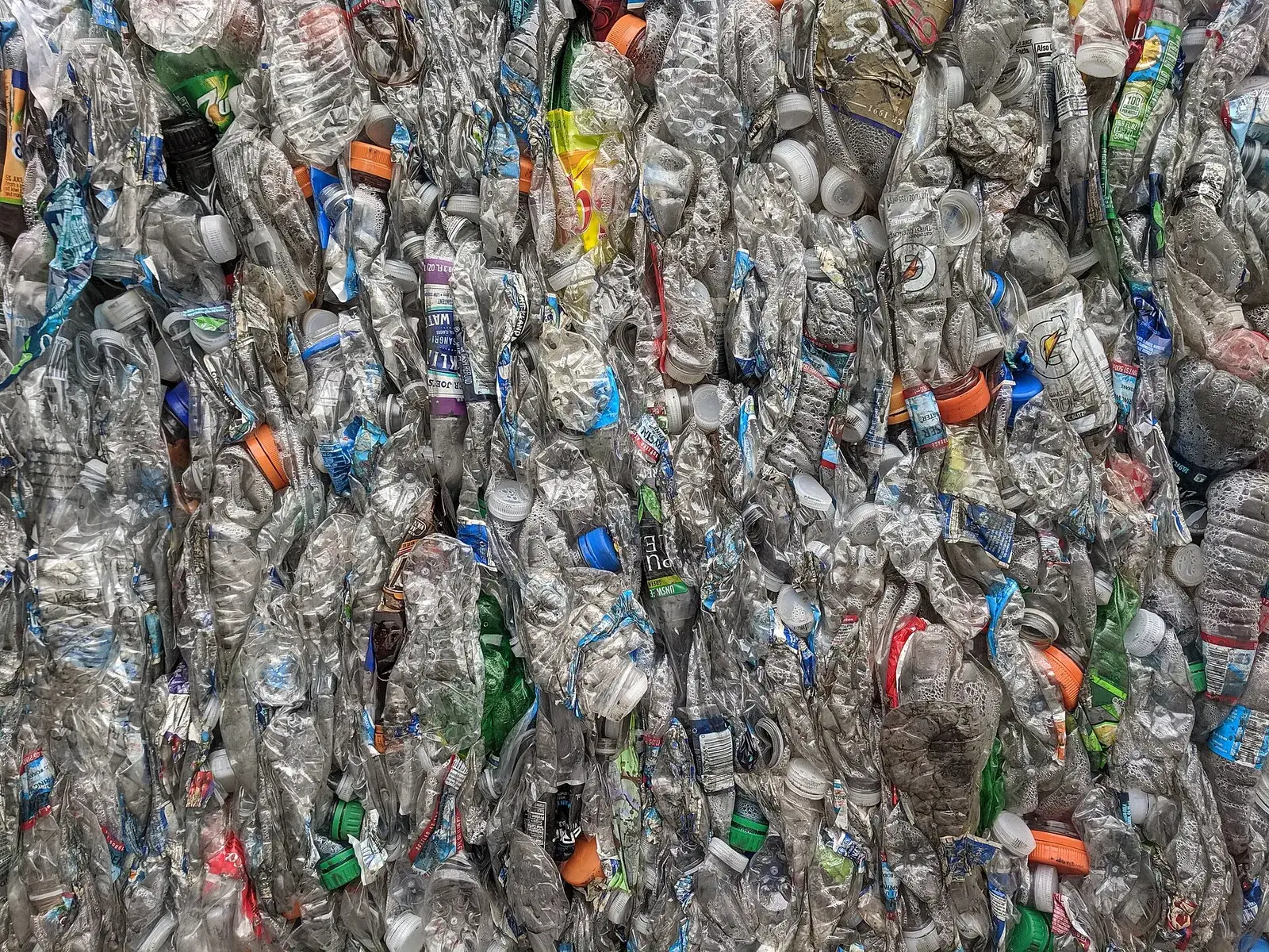 Close-up of a bale of crushed PET drink bottles