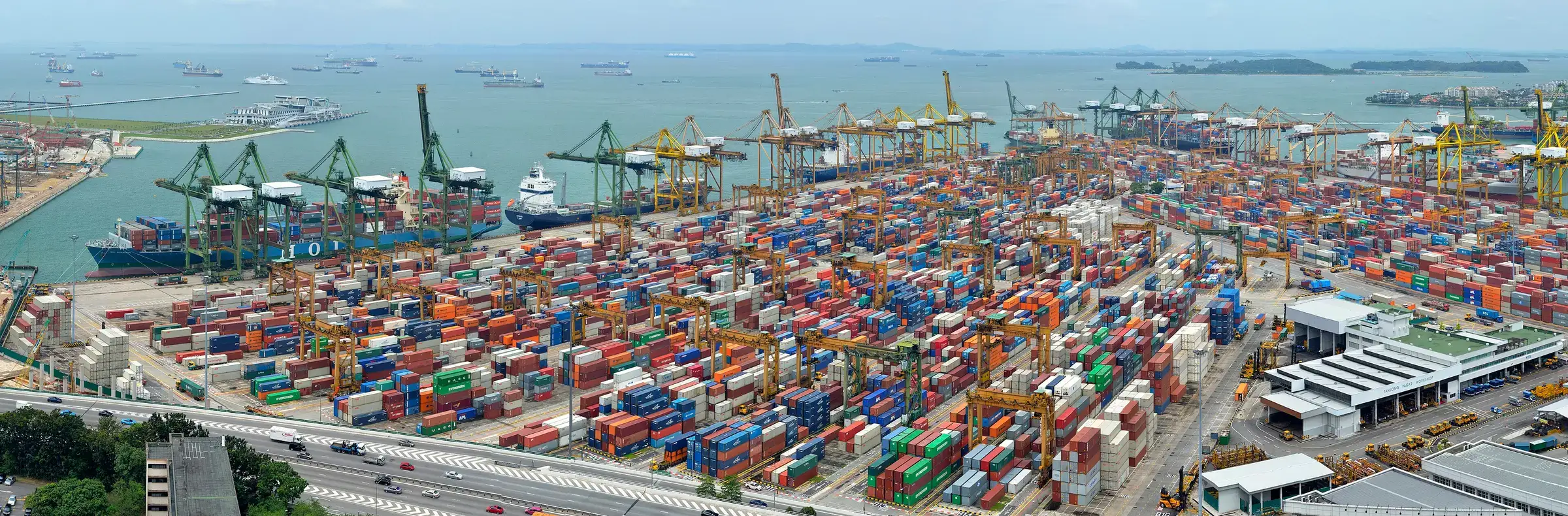 Containers stacked across a deep-sea container terminal with ship-to-shore cranes working alongside