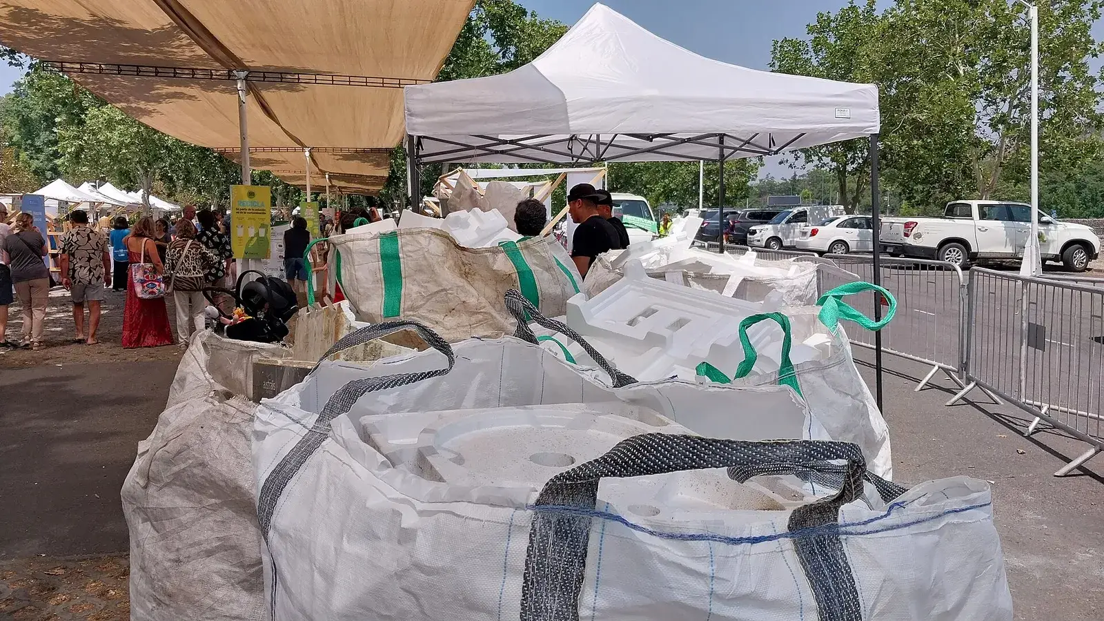Big bags of expanded polystyrene collected at a recycling point