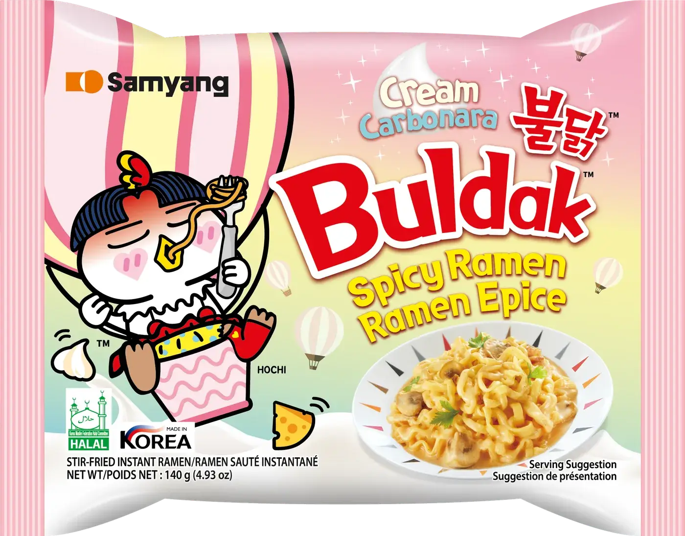 Front of a Samyang Buldak Cream Carbonara Spicy Ramen 140 g pack, showing the Buldak logo, Hochi character, Halal mark and “Made in Korea”