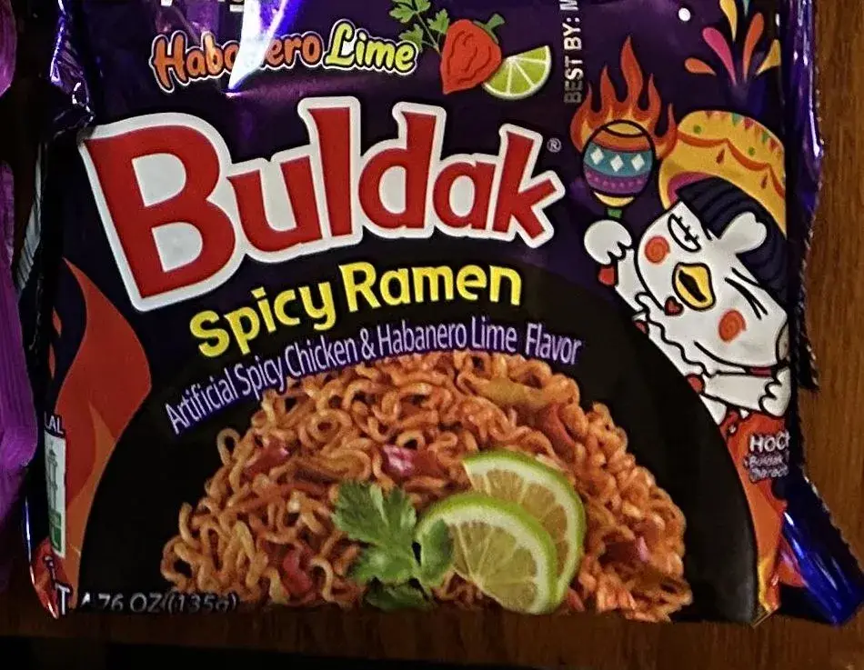 Front of a Samyang Buldak Habanero Lime Spicy Ramen pack, net weight 4.76 oz (135 g)