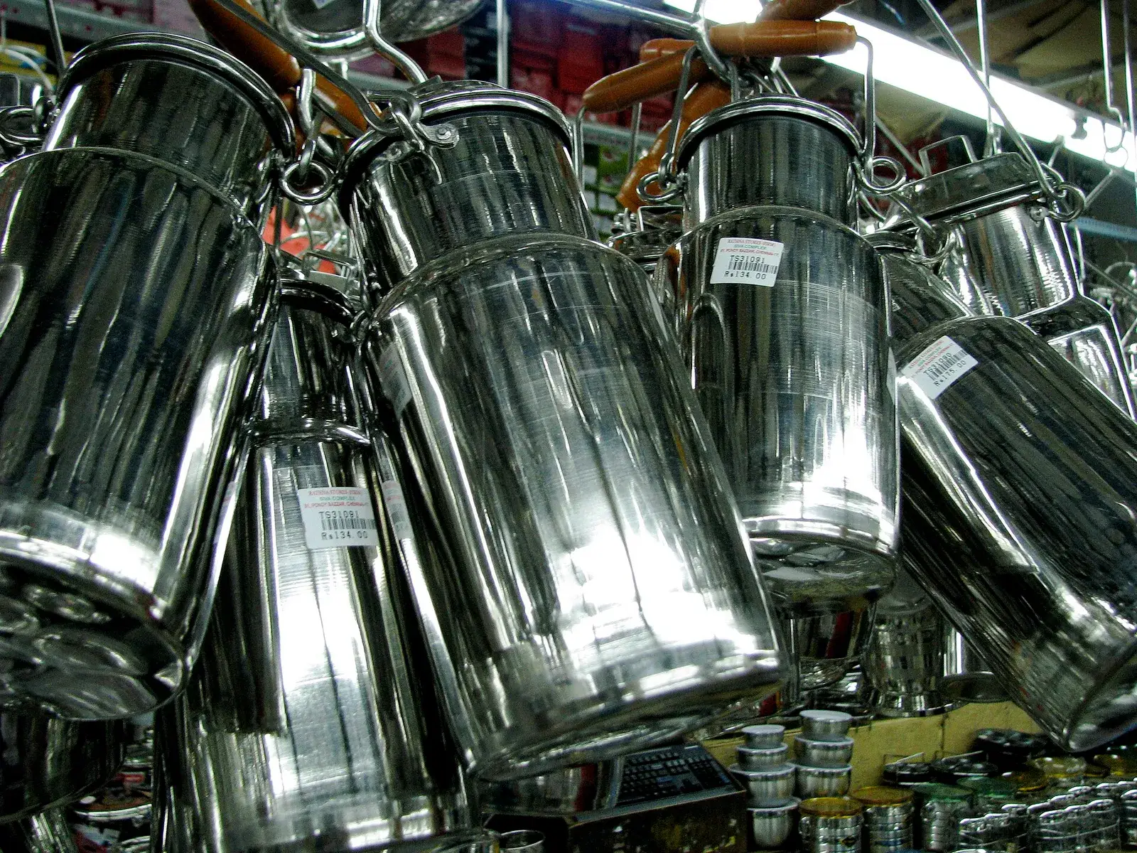 Stainless steel containers in a shop