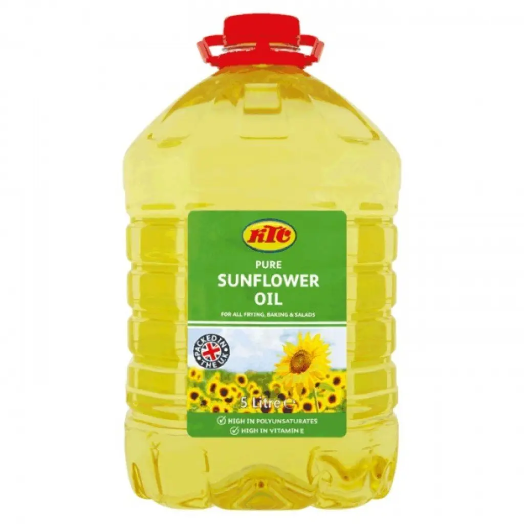 Large plastic jerry can of sunflower oil with a yellow label