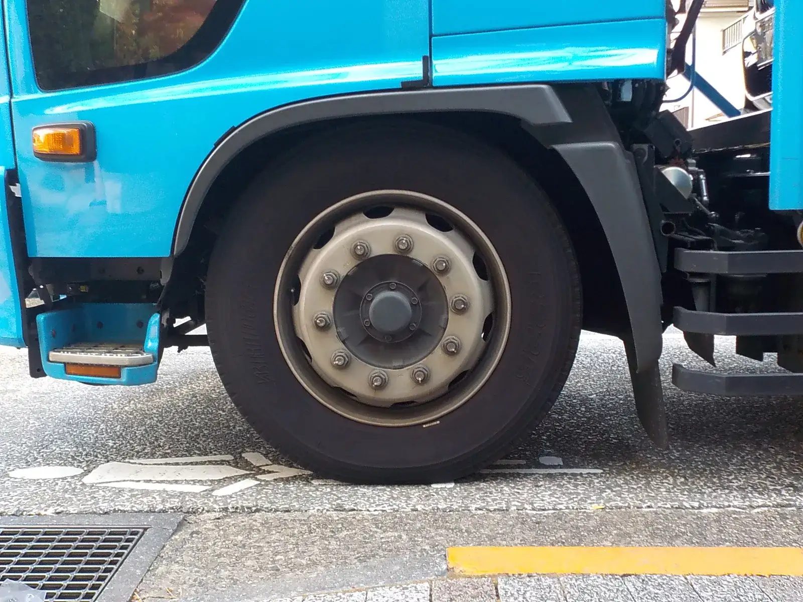 Truck tyre on a 22.5-inch steel wheel